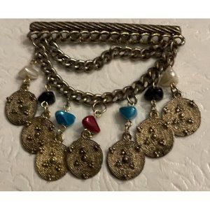 Vtg Victorian Revival Brooch Bar Pin Dangles Chains 3” Discs Faux Gemstone Gold